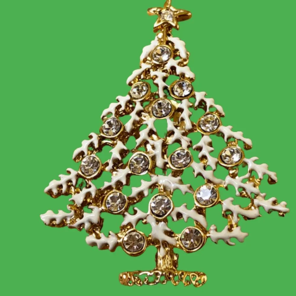 Vintage Christmas Tree Brooch Pin White Enamel & Clear Rhinestones